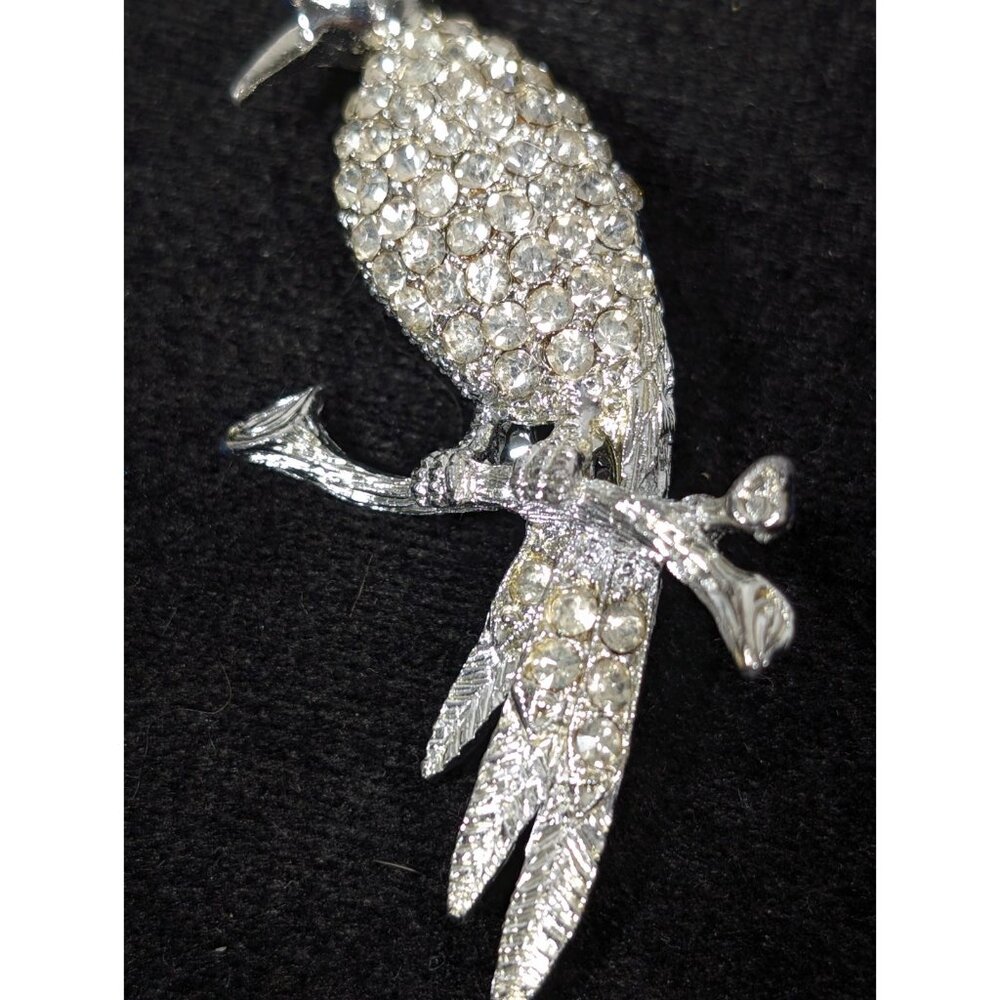 Vintage 1960s Brooch Rhinestone Pave Bird On Branch Silver Tone - Picture 4 of 7